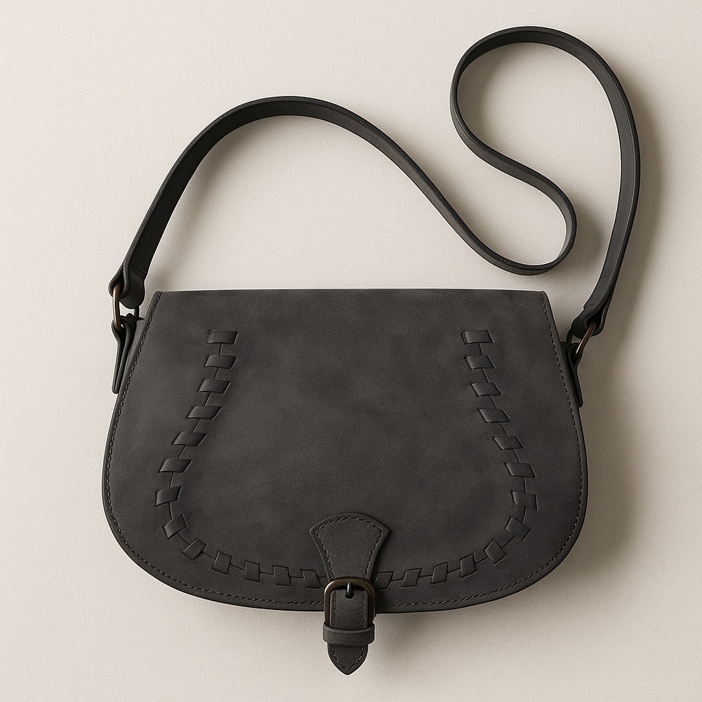 T-Shirt & Jeans Gray Faux Suede Crossbody Saddle Bag Whipstitch Boho Western